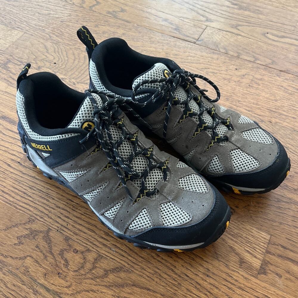 Merrell Men's Gray and Black Hiking Boots with Yellow Accents